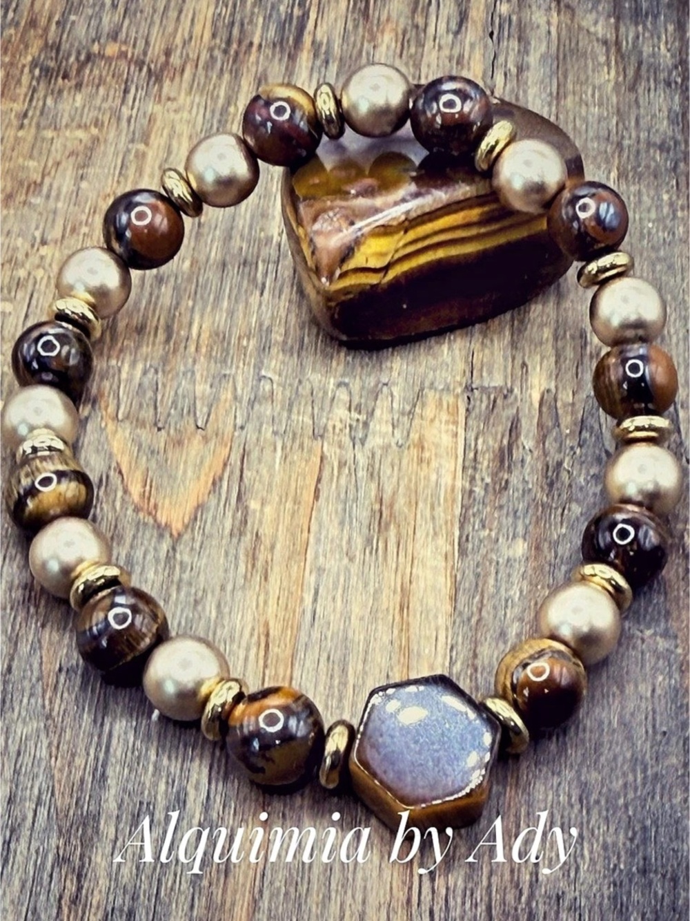 Tiger eye Brown & Gold Beaded Stretch Bracelet